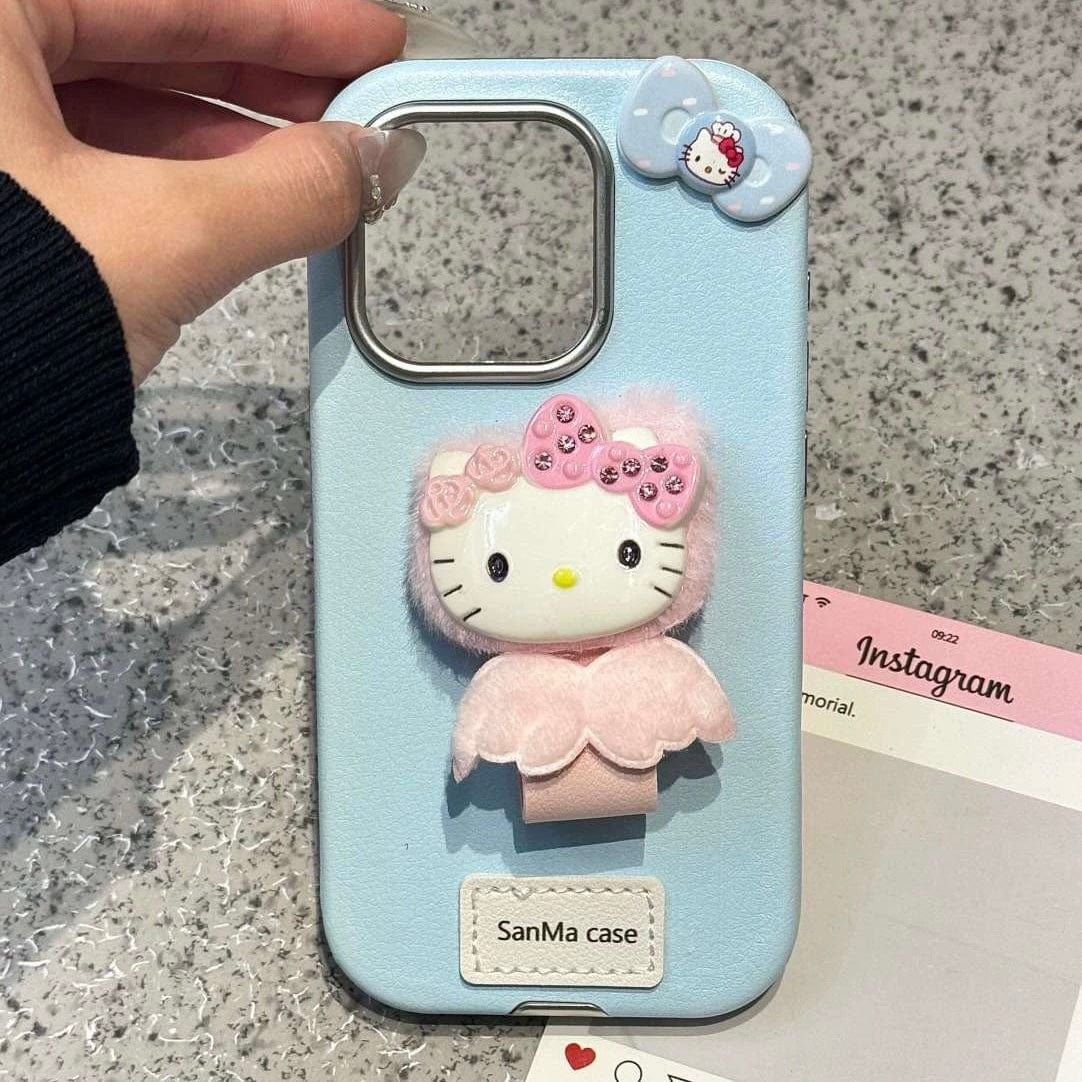 Cute Kitty Wing Ring Stand Leather iPhone Case