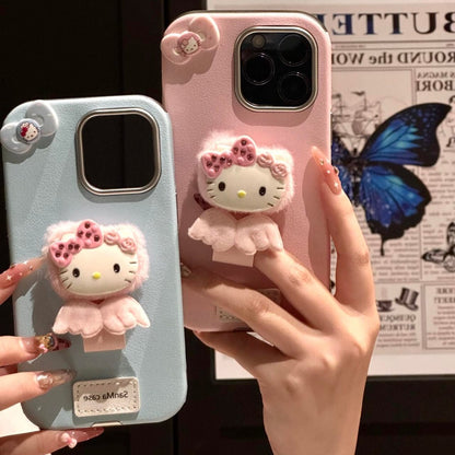 Cute Kitty Wing Ring Stand Leather iPhone Case