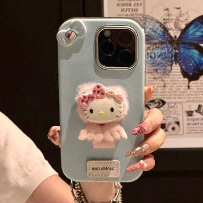 Cute Kitty Wing Ring Stand Leather iPhone Case