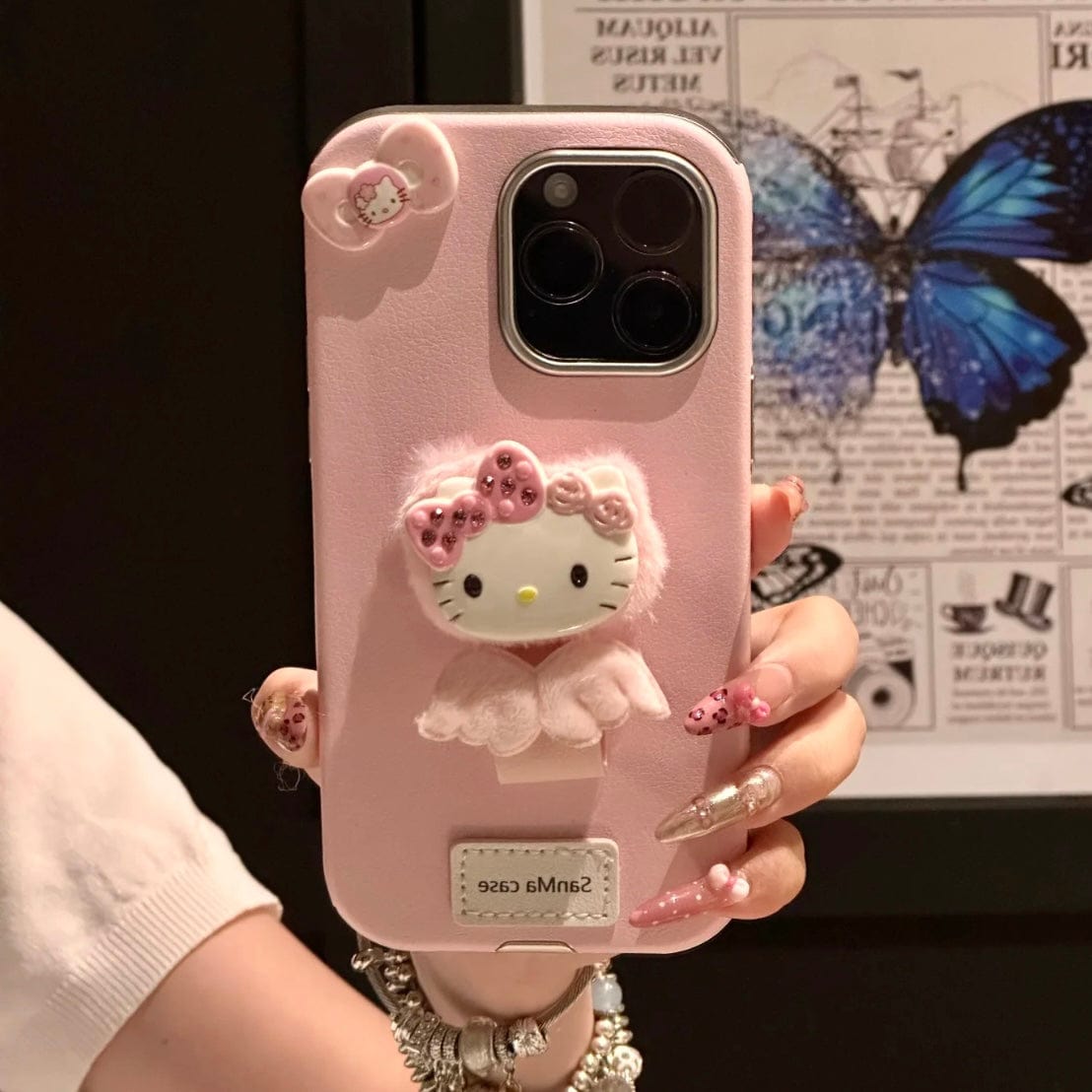 Cute Kitty Wing Ring Stand Leather iPhone Case