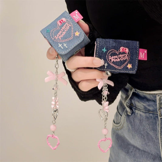 Cute Heart Denim AirPods Earphone Case With Accessories