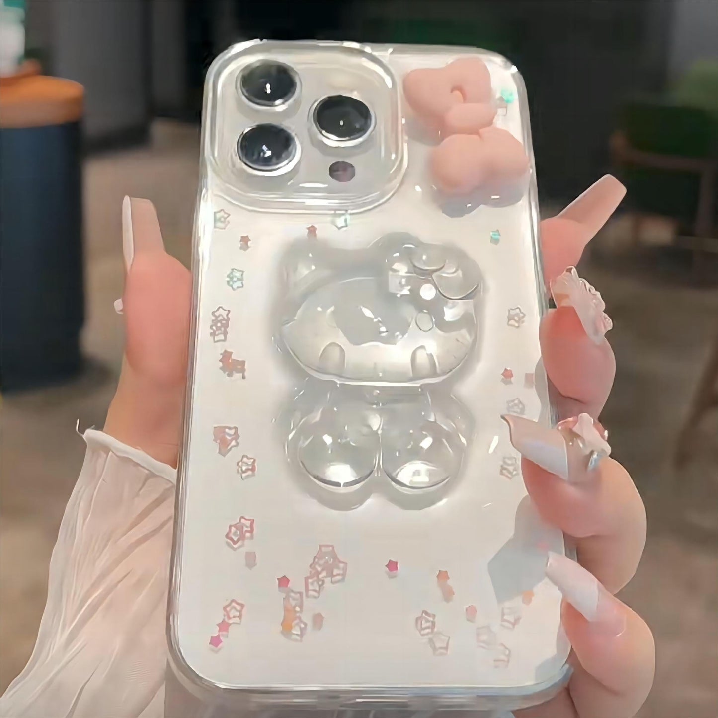 Coque iPhone en cristal avec nœud papillon rose et chaton SK604