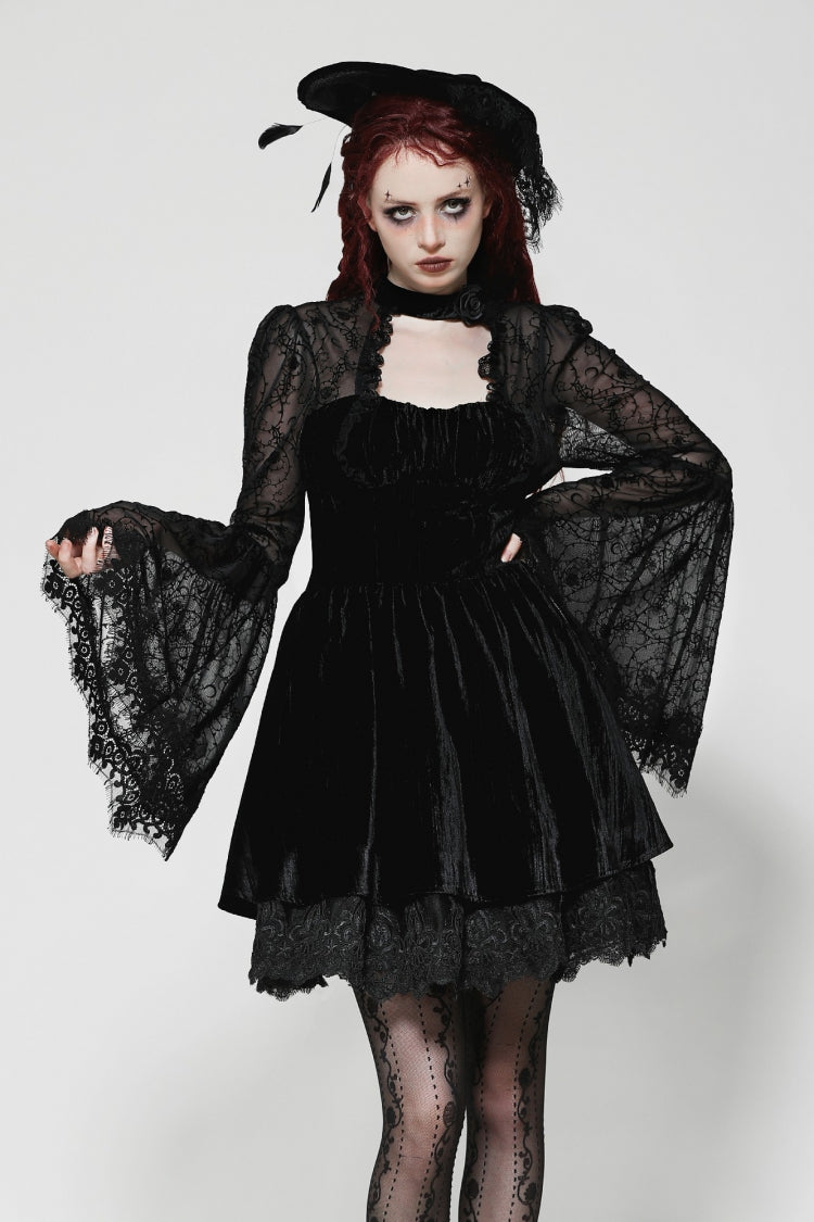 Floral Jacquard Lace-Up Mini Dress with Trumpet Sleeves and Cut-Outs