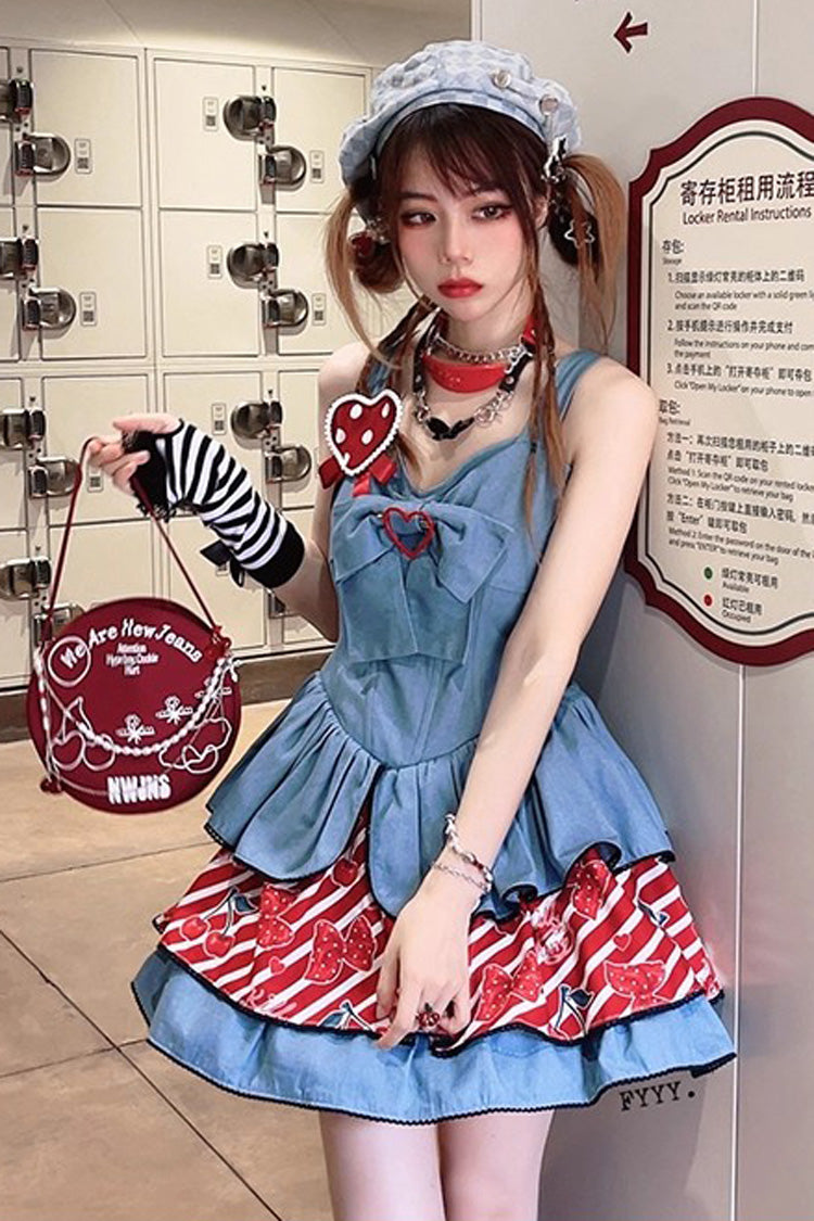 Denim JSK with Triple Ruffles and Bowknot, Vintage Japanese Style - Cherry