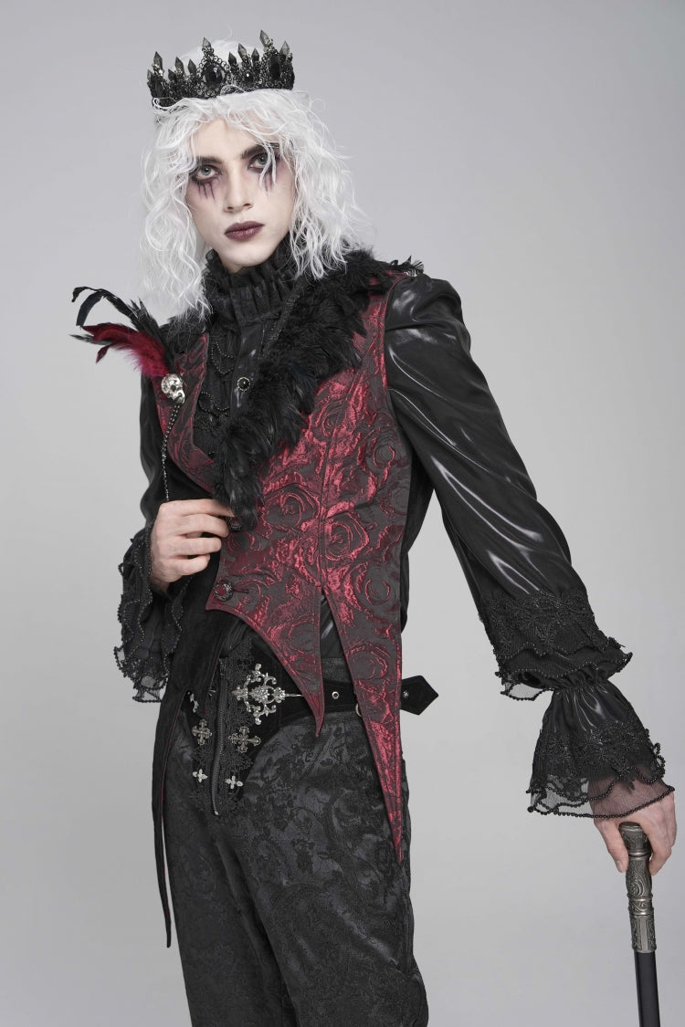 Men's Gothic Vest with Rose Print and Contrast Color, Detachable Feather Accessory