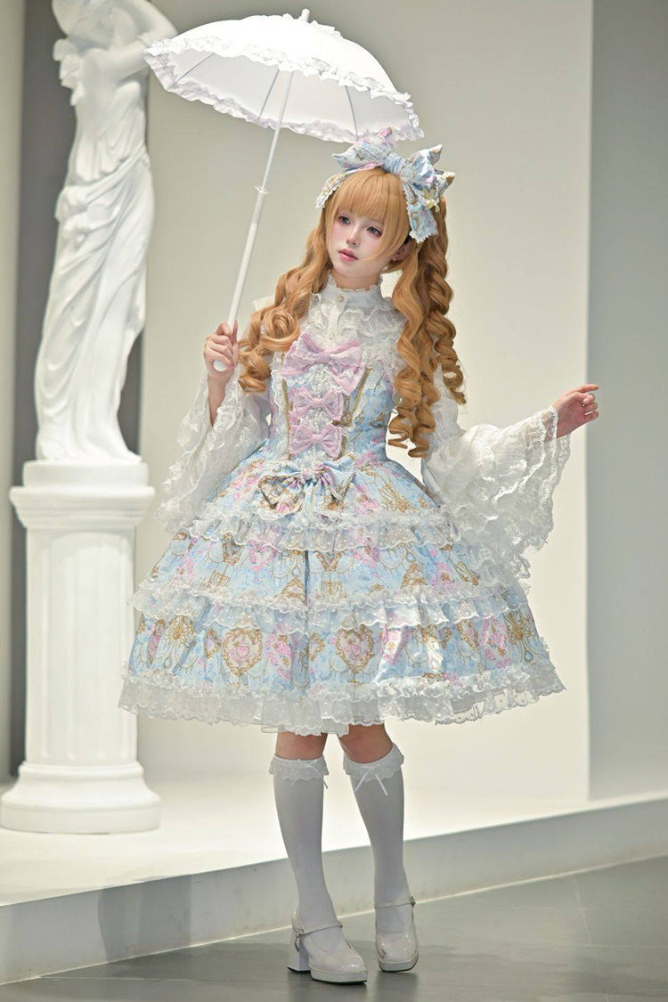 Triple-Layered Floral Wall Print Ruffled Bow JSK - Candelabrum Elegy