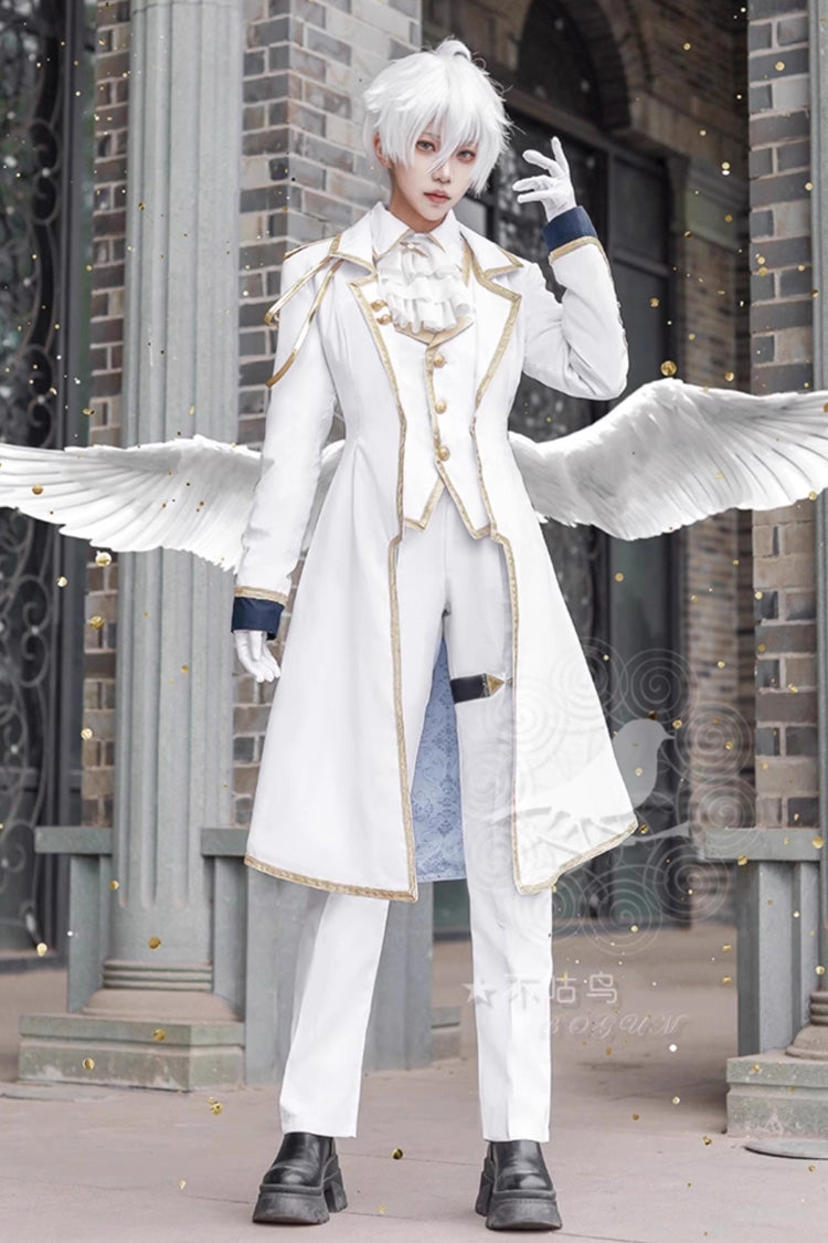 White Angelic Prince Elegant Ouji Lolita Ensemble with Coat, Shirt, Trousers, Waistcoat, Scarf