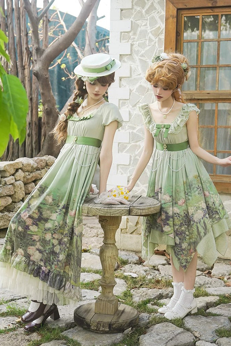 Emerald Blooming Roses Oil Painting Chiffon Short Sleeve Ruffle Bow Sweet Lolita Gown