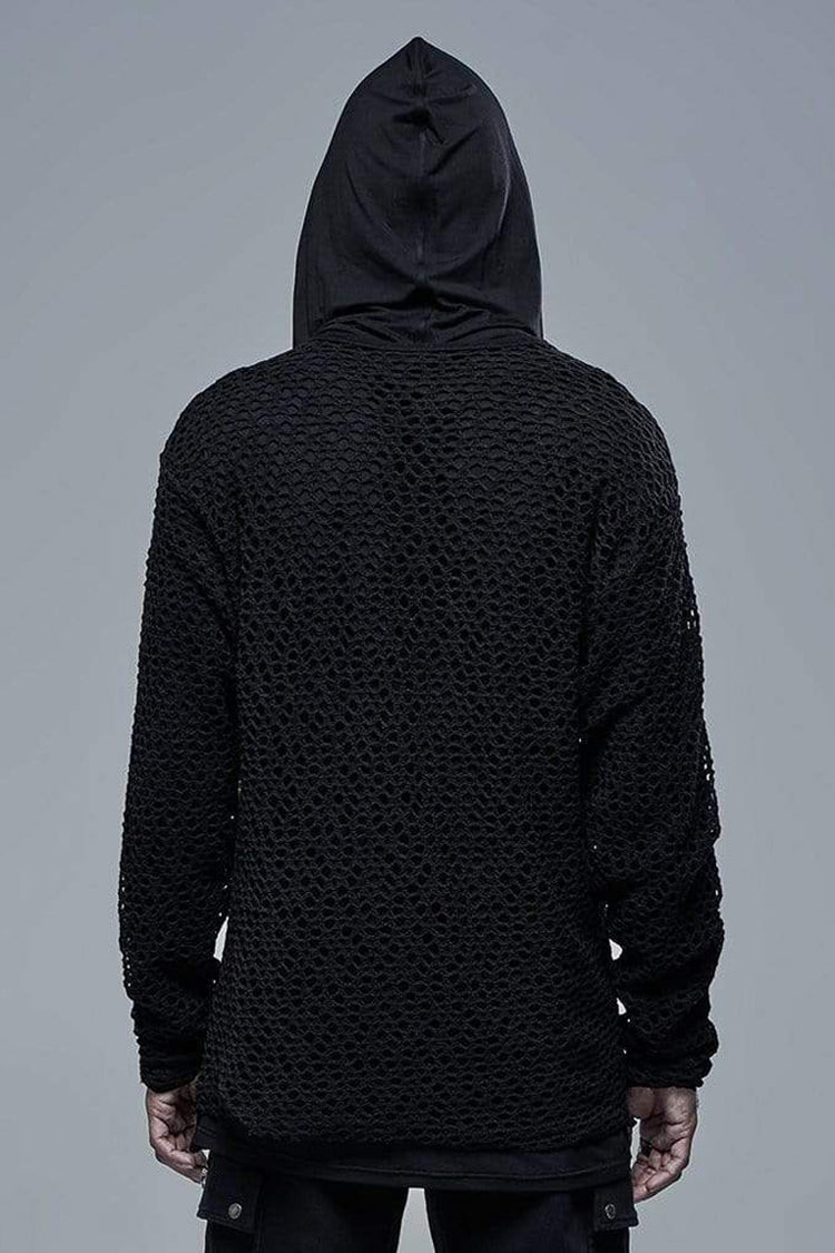 Men's Punk Two-Piece Tee with Mesh Outer & Hooded Inner in Black Knit