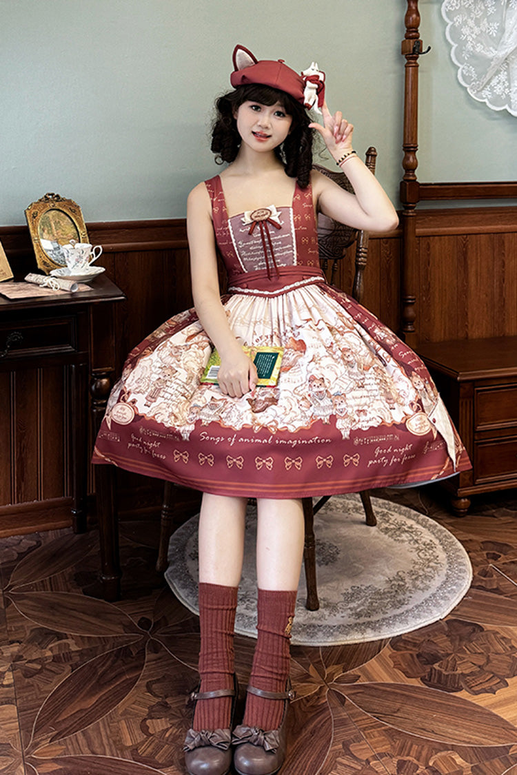 Burgundy Fox Band Print Square Collar Bow Classic Lolita Jumper Dress