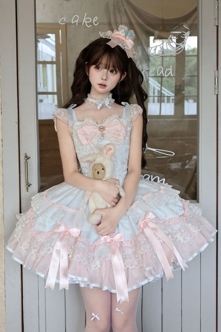 Square Collar Pearl-Trimmed Ruffled JSK with Bow Accents - Candy Satin Ballet