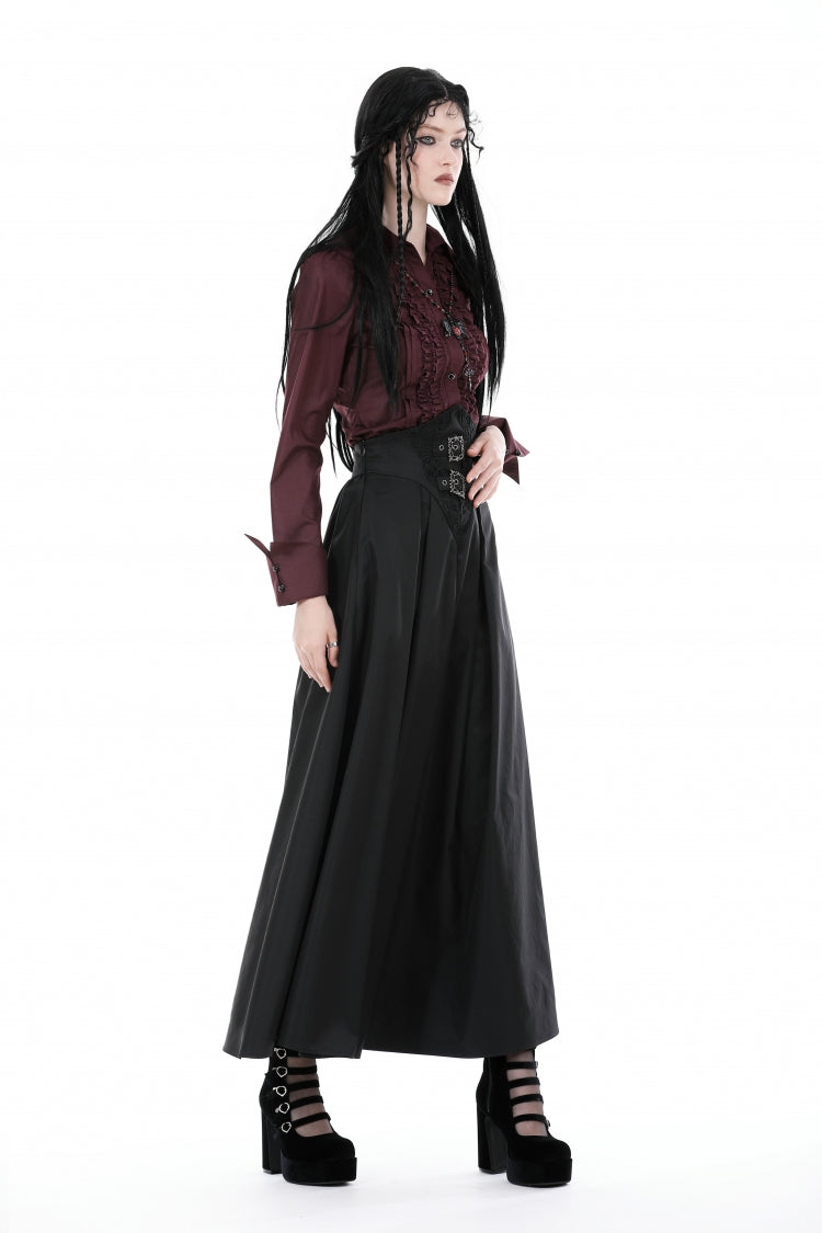 Burgundy Turn-Down Collar Ruffled Long Sleeve Gothic Women's Blouse
