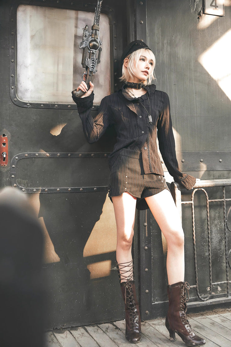 Classic Gothic Blouse with Lotus Collar and Slim Fit, Extended Sleeves