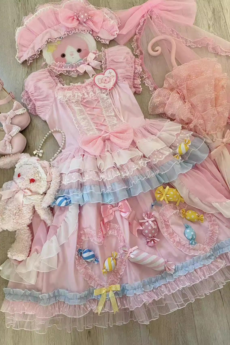 Candy Party Short-Sleeve Multi-Layer Ruffle Bow Lace-Up Lolita Dress