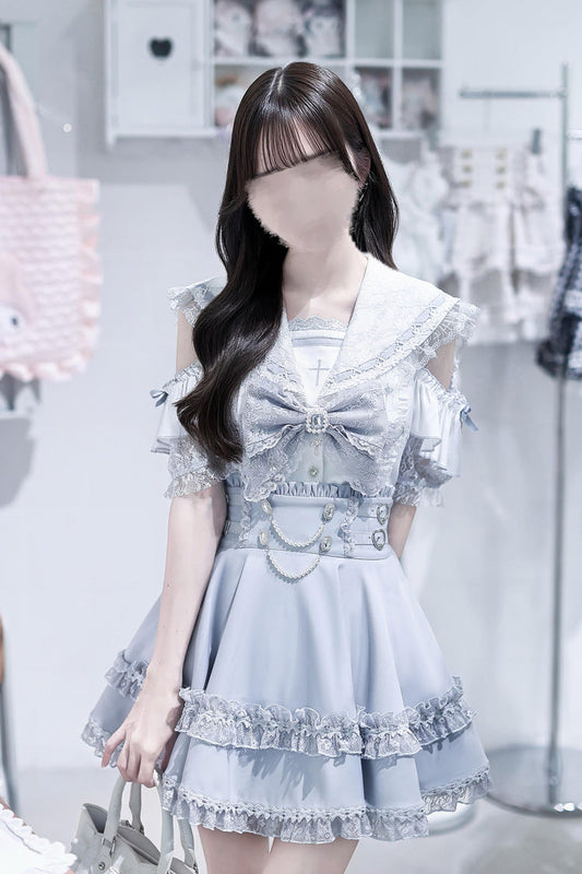 Apprentice Witch Off Shoulder Navy Collar Short Sleeves Ruffled Bow Lace Pearl Detail Classic Jirai Kei Japanese Skirt Set