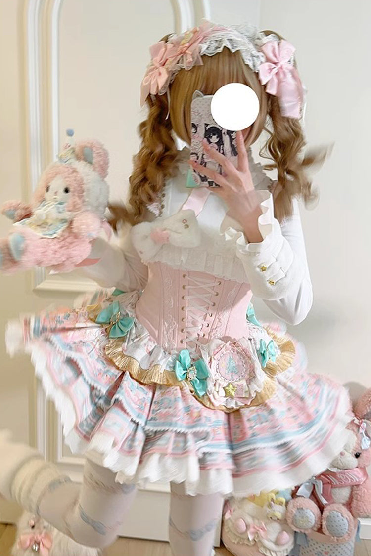 Candy House Multi-Layer Print Ruffle Bow Lace-Up Ballet Lolita JSK