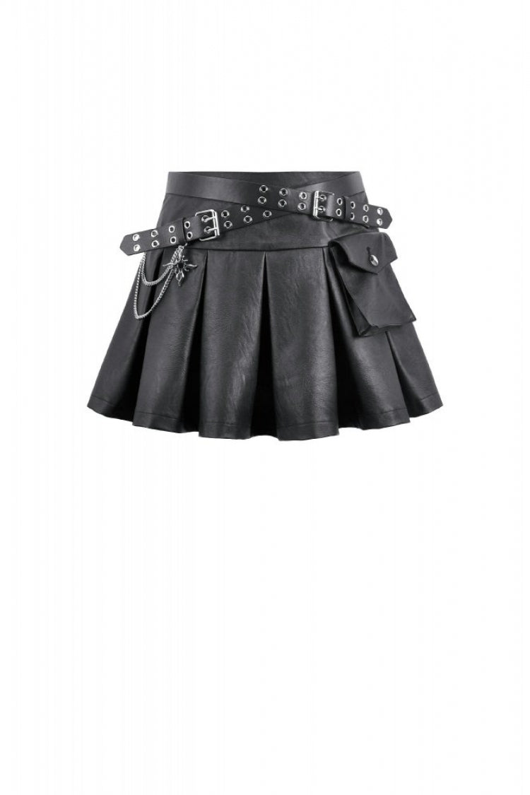 Women's Punk Pleated Skirt with Belt, Chain and Cross Lace-Up Decoration