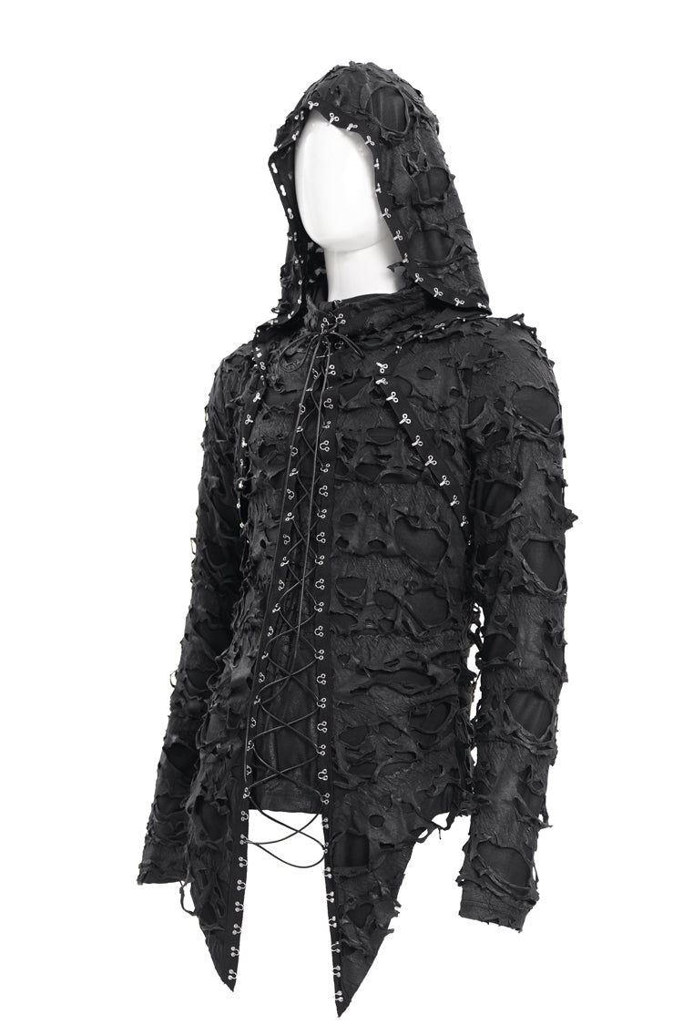 Gothic Hooded Coat with Studs and Lace-Up Front