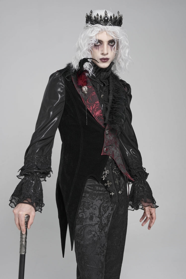 Men's Gothic Vest with Rose Print and Contrast Color, Detachable Feather Accessory