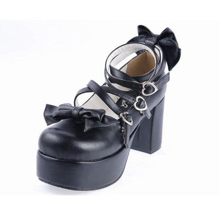 Lolita Bow Cross Strap Shoes in Black Synthetic Leather
