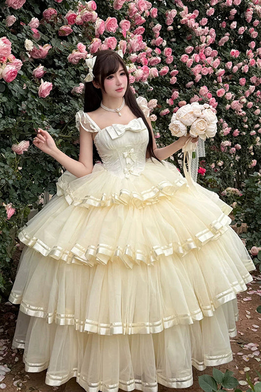 Sweet Organza Satin Sleeveless Multi-Layered Ruffled Hanayome Bow Lace Sweet Elegant Princess Lolita Jsk Dress