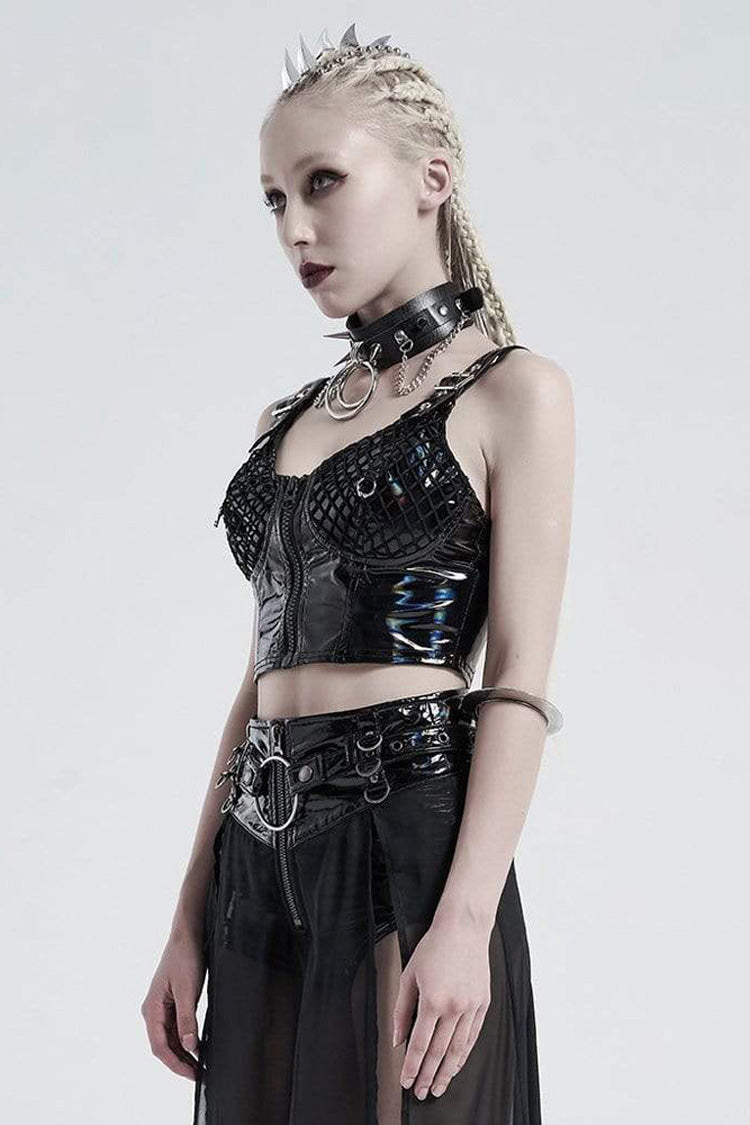 Punk Vest with Metal Buckle Straps, Mesh Splice & Press Glue Detail