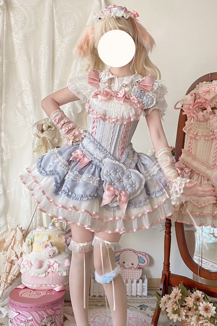 Azure Triple Ruffled Bow Lace-Up Slim Ballet Sweet Lolita Outfit