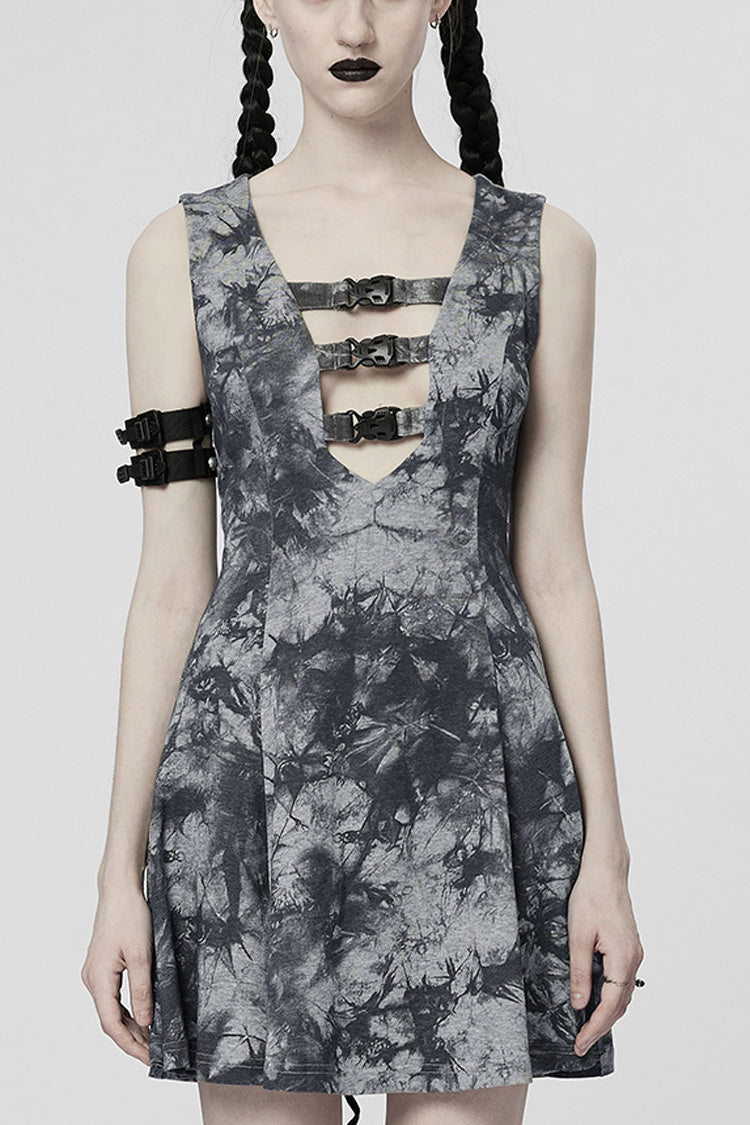Steampunk Sleeveless Buckle Dress with V-Neckline