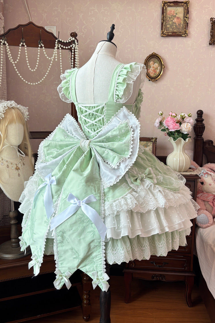 Emerald Sleeveless Triple Ruffle Embroidered Bow Pearl Lace-Up Plus Size Lolita JSK