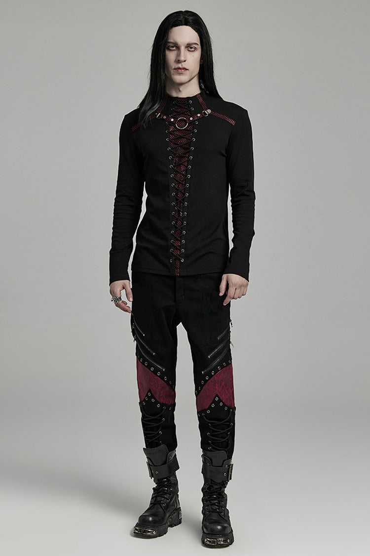 Crimson & Noir Long Sleeve Stitched Lace-Up Distressed Men's Punk Shirt