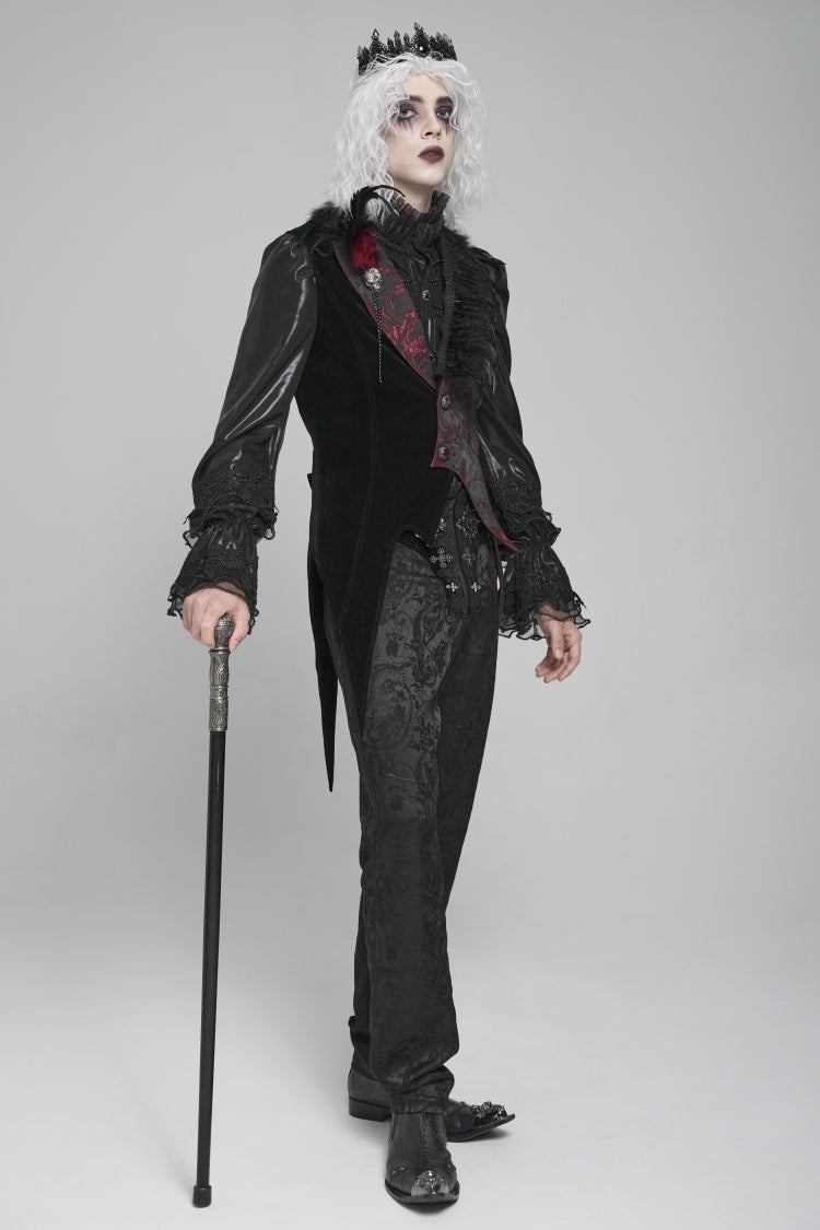 Men's Gothic Vest with Rose Print and Contrast Color, Detachable Feather Accessory