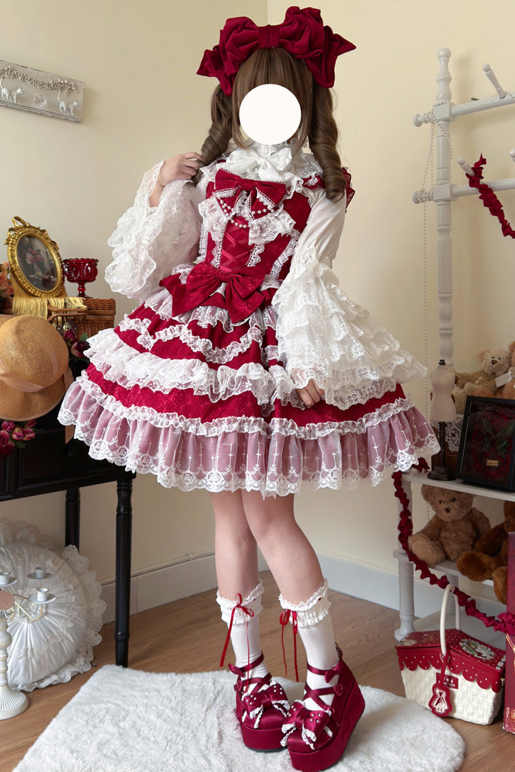 Burgundy Love and Heart Flutter Sleeveless Layered Ruffle Bow Lace Pearl Sweet Lolita JSK Gown