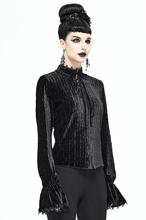 Pleated Velvet Trumpet Sleeve Blouse for Women - Gothic Edge