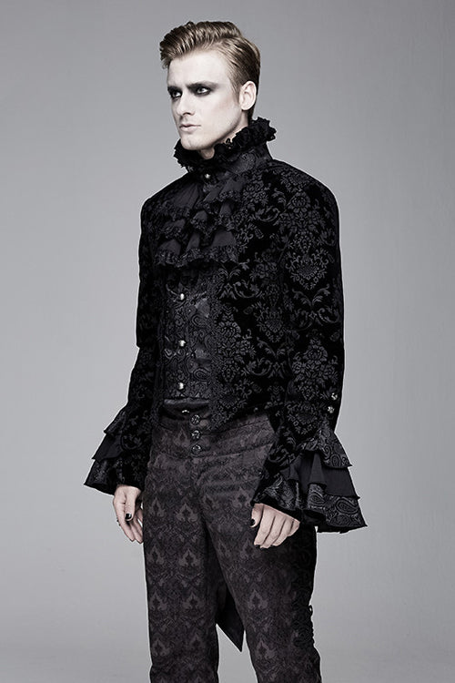Gothic Men's Coat with Stand Collar and Court Pattern Design