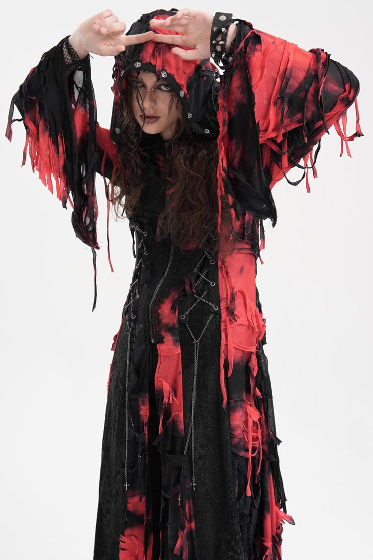 Crimson & Noir Long Sleeve Lace Distressed Zippered Punk Coat