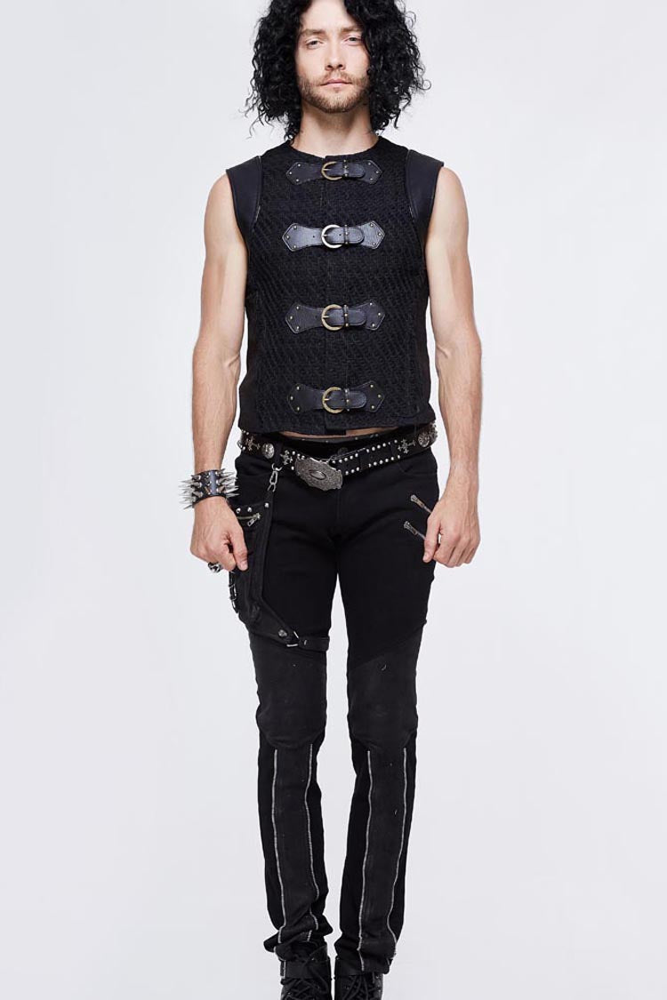 Men's Punk Waistcoat with Coarse Woolen Texture and Leather Loop Patchwork