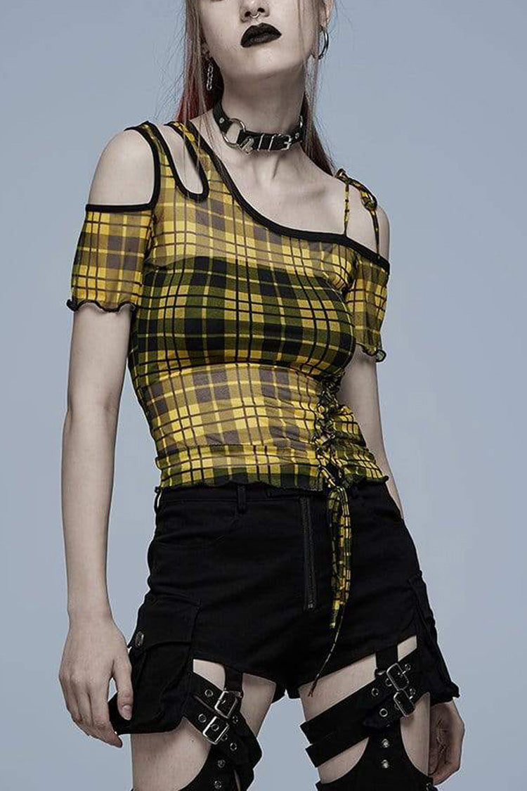 Women's Punk T-Shirt with Asymmetrical Cutout Neckline, Strap Design, Plaid Mesh