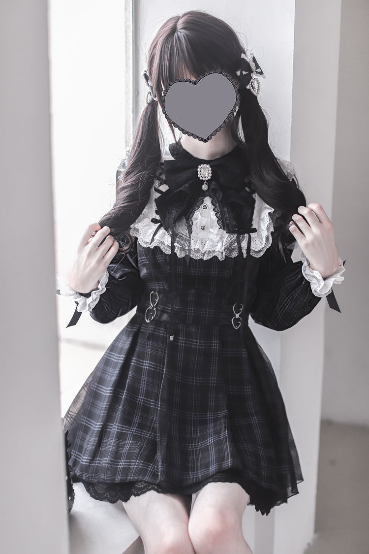Plaid Print Ruffle Bow Sweet Jirai Kei Dress - Angel Heartbeat