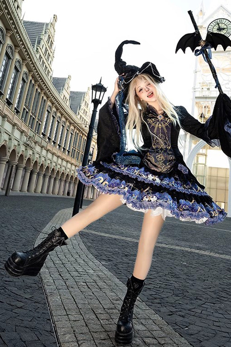 Double-Layered Print Ruffle Lace Gothic Dress - Astrology Cat