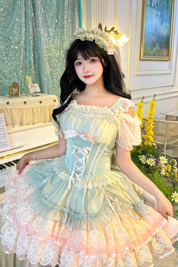 Emerald Bale Bebe Sleeveless Triple Ruffled Bow Lace-Up Sweet Ballet Lolita Gown