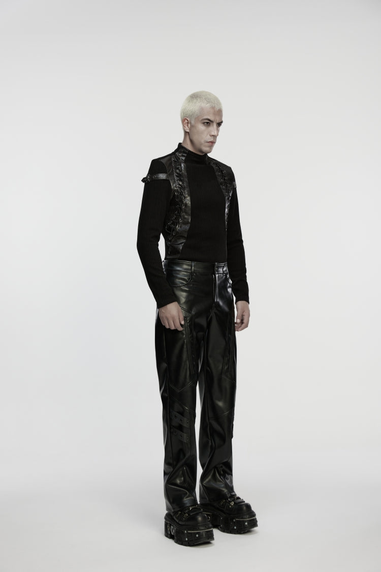 Men's Punk Faux Leather Trousers with Eyelets and Zip - Noir