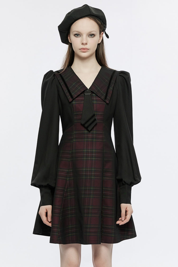 Crimson Noir Detachable Lace-Up Lantern-Sleeve Plaid Punk College Dress