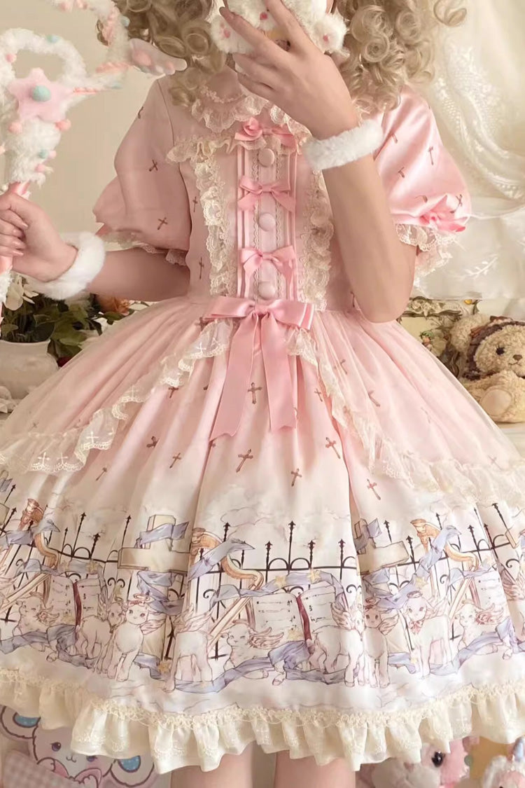 Angel Lamb Lapel Collar Short Sleeves Printed Ruffled Bow, Sweet Lolita Dress