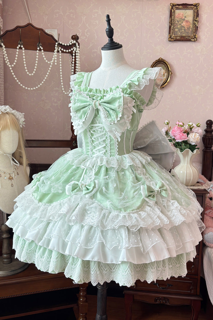 Emerald Sleeveless Triple Ruffle Embroidered Bow Pearl Lace-Up Plus Size Lolita JSK