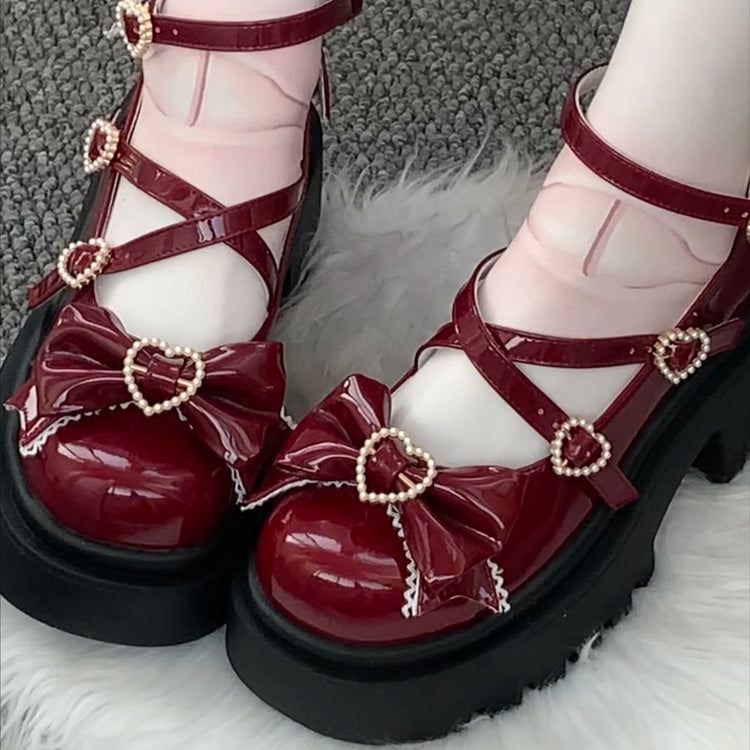 Burgundy Faux Leather Cross Strap Bow Lolita Shoes