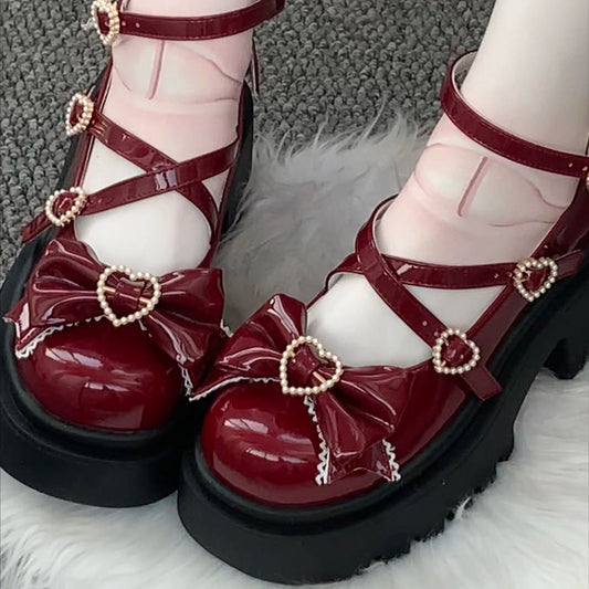 Burgundy Faux Leather Cross Strap Bow Lolita Shoes