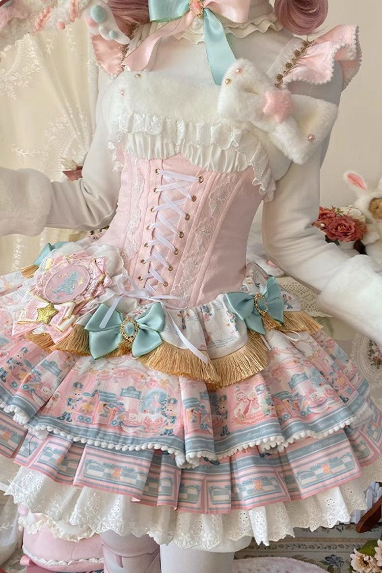 Candy House Multi-Layer Print Ruffle Bow Lace-Up Ballet Lolita JSK