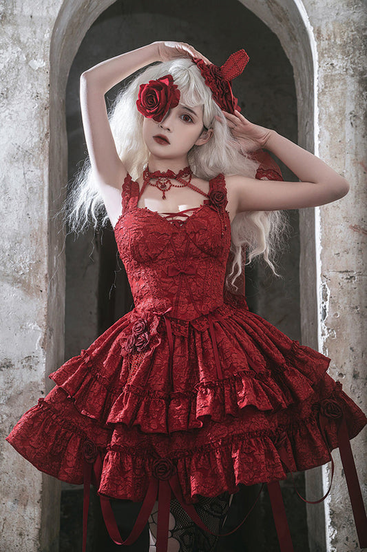 Crying Rose Double-Layer Ruffled Embroidered Bow Lace Gothic Ballet Lolita Skirt Set in 4 Shades