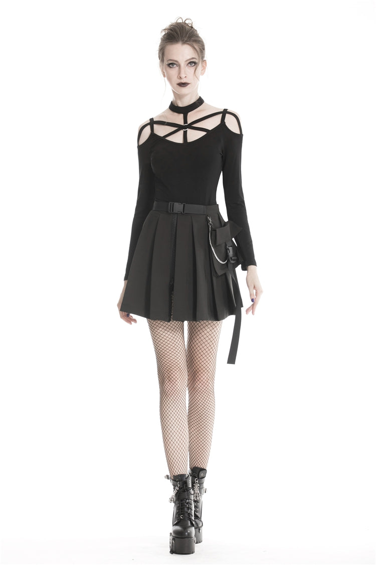 Zippered Pleated Punk Mini Skirt with Side Bag