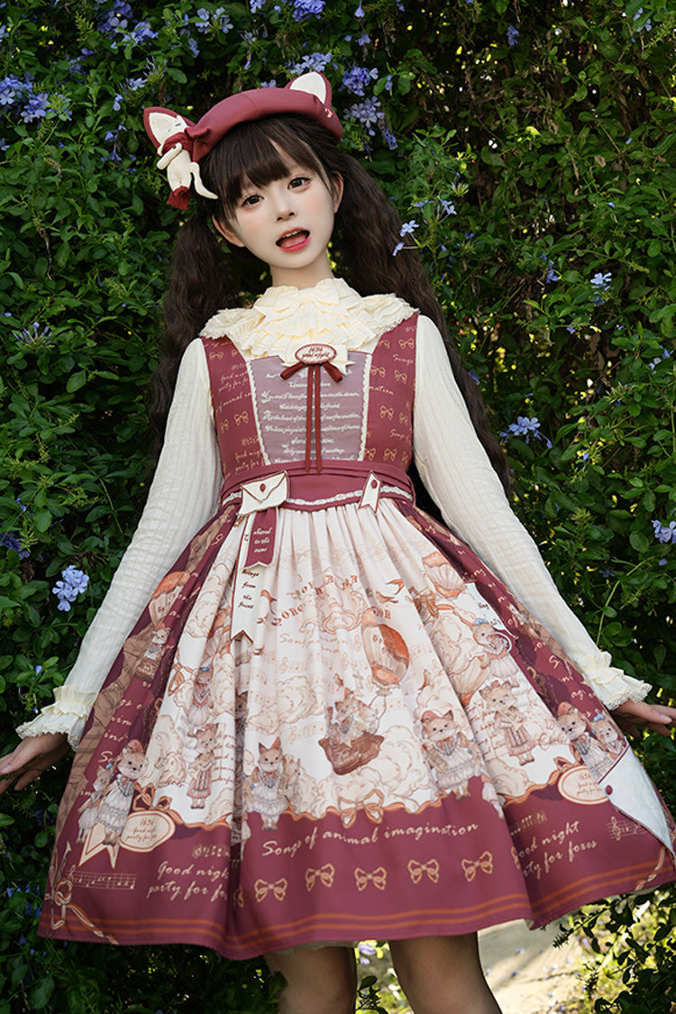 Burgundy Fox Band Print Square Collar Bow Classic Lolita Jumper Dress